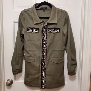 Sweet Rain Army Green Denim Embellished Zip/Snap Close Jacket Small